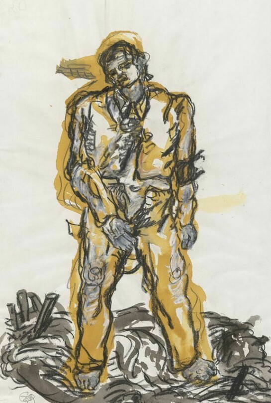Ein neuer Typ (‘A New Type’), 1965, Georg Baselitz (b.1938), grey and yellow ochre watercolour, charcoal, graphite and white pastel on paper. Presented to the British Museum by Count Christian Duerckheim. Reproduced by permission of the artist, © Georg Baselitz