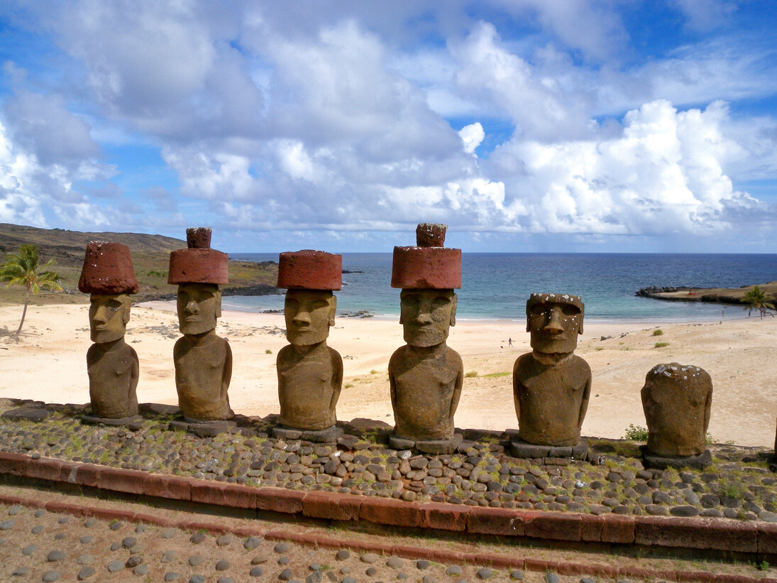 Image of Moai with their pukao (top-knots): Adam Stanford © Aerial-Cam Ltd for RNLOC