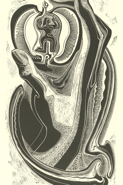 Gertrude Hermes, Adam & Eve, 1933, wood engraving, (reduced from 17 x 9.5 in), Courtesy the Ashmolean Museum of Art and Archaeology © The Gertrude Hermes Estate