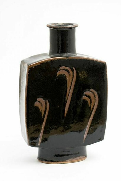 Jim Malone, Footed Slab Bottle, tenmoku glaze with finger wipe design