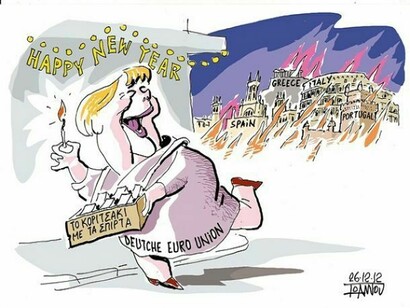 Joannis Dimopoulos – “Felice anno nuovo”. Sulla scatola: La piccola fiammiferaia. Sul vestito: Euro unione tedesca.  