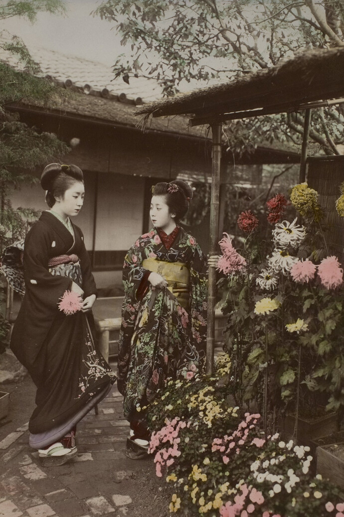 Unidentified photographer, Two Japanese Women in Flower Garden, c. 1900, albumen silver print with applied color, George Eastman Museum, museum accession by exchange, 1974.0034.0045.