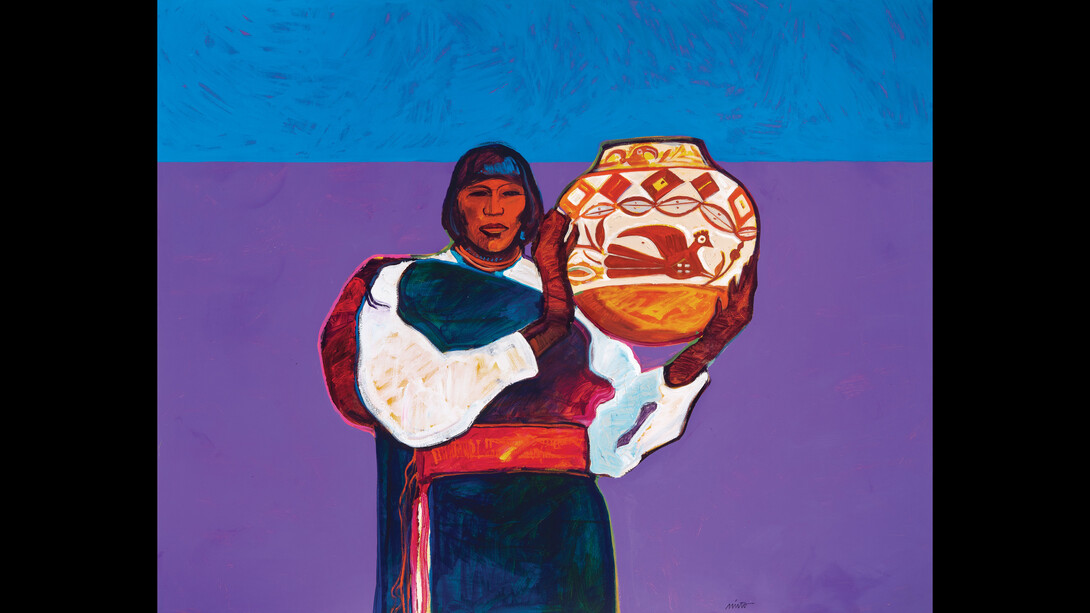 John Nieto, Mary from Acoma Pueblo, 1988, acrylic on canvas, 48x60 inches. Courtesy of LewAllen Gallery 