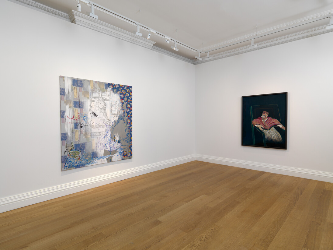 In Homage at Skarstedt London installation view, Sigmar Polke, This is How You Sit Correctly (left), 1982, Francis Bacon, Study for a Pope III (right), 1962, Image courtesy of Skarstedt