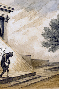 An abstract ink and watercolor illustration depicting the tension between structure and freedom—where rigid architectural forms dissolve into flowing, organic shapes, symbolizing the transformation of obedience into becoming