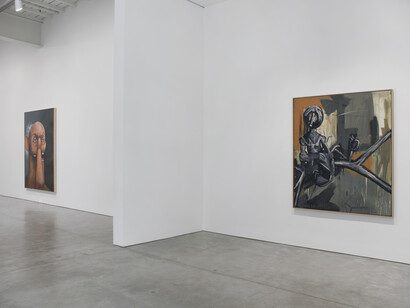 Installation view, Left: George Condo, Old Man Portrait, 2011, oil on canvas, 90 x 74 inches, 228.6 x 188 cm. Right: Albert Oehlen, Grazie, 1982, oil and lacquer on canvas, 67 x 59 1/4 inches, 170.2 x 150.5 cm, signed and dated "A. Oehlen 82" on the reverse