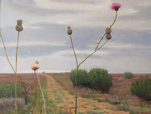 John Beerman, Bull Pasture with Thistle, 2011, oil on linen, 24 x 30 inches, Courtesy Tibor de Nagy Gallery, NY