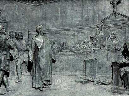 «El proceso de Giordano Bruno a cargo de la Inquisición romana». Relieve de bronce de Ettore Ferrari (1845-1929), Campo dei Fiori, Roma.