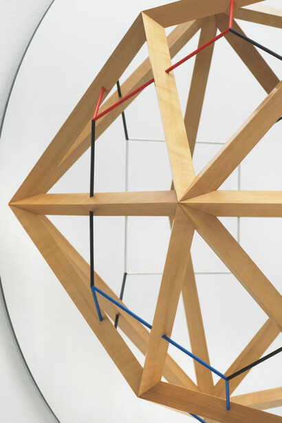 Olafur Eliasson, The missing part reminded
2018, Glass mirror, pear wood, brass, paint (yellow, red, green, blue, black, white), aluminum 33 3/8 x 33 3/8 x 14 1/8 inches; 85 x 85 x 36 cm unique in a series of 4. Courtesy the artist and Tanya Bonakdar Gallery, New York / Los Angeles