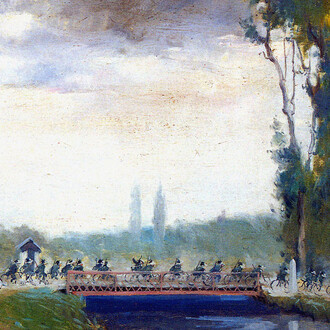 Italico Brass, Sconfinamento dei bersaglieri a Treponti, presso Cervignano, 1915, olio su tela, 100 x 113 cm