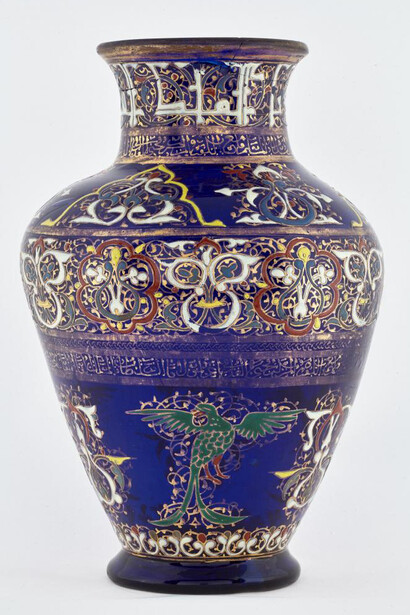 Cavour Vase; Syria, 14th century; free-blown cobalt blue glass, enamelled and gilded; H: 24.5. 