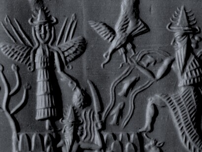 Selo acadiano representando as deidades anunáqui Inanna, Utu e Enki