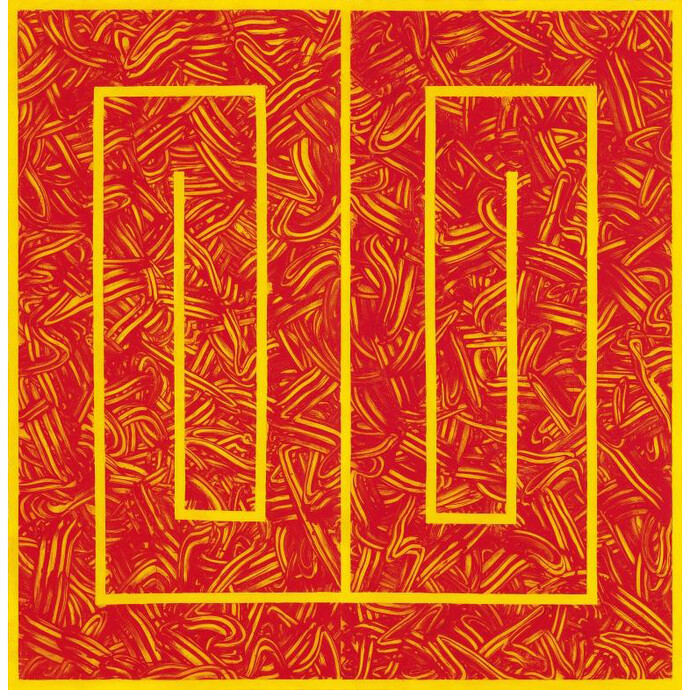 Richard Long, Fingers on Fire, 2014, A two panel carborundum relief printed in Crimson Red ink on Moulin Du Gue 350gsm paper painted in a Cadmium yellow acrylic wash. Overall 248.5 x 242.5 cm, Edition of 7, Courtesy Richard Long and Alan Cristea Gallery, London