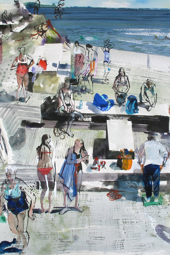 John Short, Forty Foot Bathers (Large Square I), Sandycove, County Dublin, ink and watercolour, 103 x 96 cm