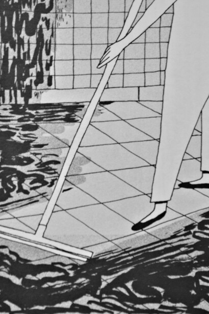 "Spa", graphic novel di Erik Svetoft. Fig. 6. La comparsa dell'ignota sostanza nera che si fa largo fra le stanze e i corridoi è, come già accennato, soltanto il sintomo iniziale di una serie di maligne fioriture che inesorabilmente consumano la facciata idillica ma illusoria di questo finto paradiso