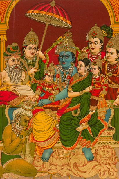 Uttara Rama Charitra (Assembly of Rama)
India, 1910–15 Lithograph Image: 13 7/8 × 9 15/16 in. (35.2 × 25.2 cm) Sheet: 14 1/2 × 10 1/4 in. (36.8 × 26 cm) Gift of Mark Baron and Elise Boisanté, 2015
Photo: Courtesy of The Metropolitan Museum of Art