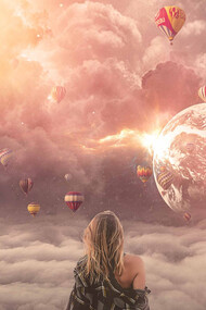 A woman sitting in the clouds, looks out into the universe, with balloons, planets, and a soul