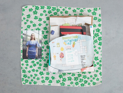 Susan Cianciolo, Notebooks Kit, 2016, cotton tapestry, cardboard box, photograph, paper, notebooks, ink, paint, 8.3 x 42 x 42 cm, 3 1/4 x 16 1/2 x 16 1/2 ins, (MA-CIANS-00007) courtesy Stuart Shave/Modern Art, London
