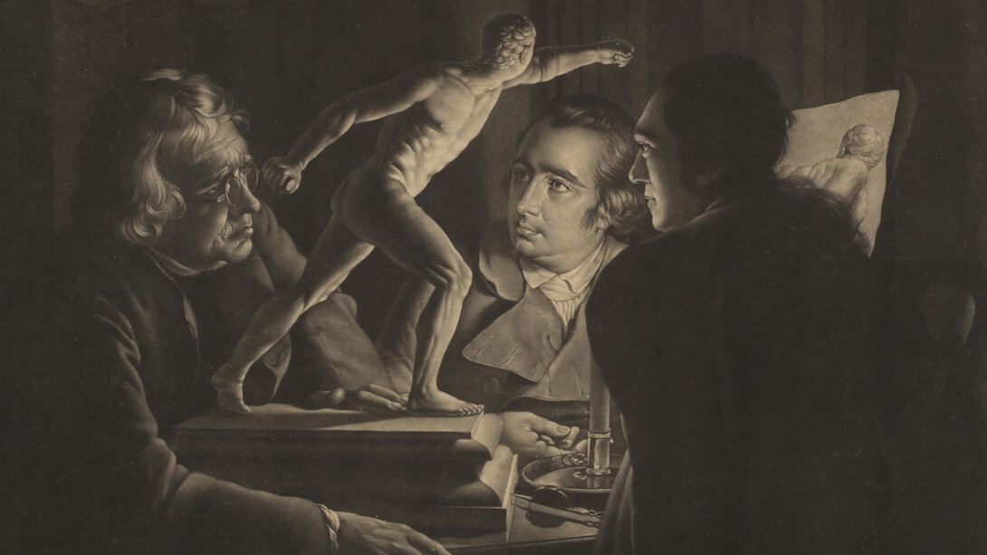 William Pether, Tres hombres admirando el Gladiador a la luz de una candela, 1769. Courtesy of Museo Nacional del Prado