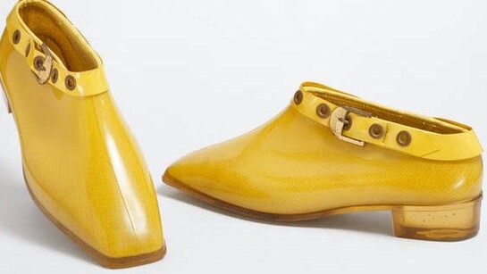 Yellow ankle boots in Polyvinyl chloride (PVC) lined with cotton jersey, Mary Quant, 1967, London. Museum no. T.591: 1&2-1992. © Victoria and Albert Museum, London