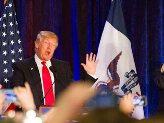 After securing his place in the top three in the Republican caucuses, presidential candidate Donald Trump spoke briefly to a crowd a watch party, USA