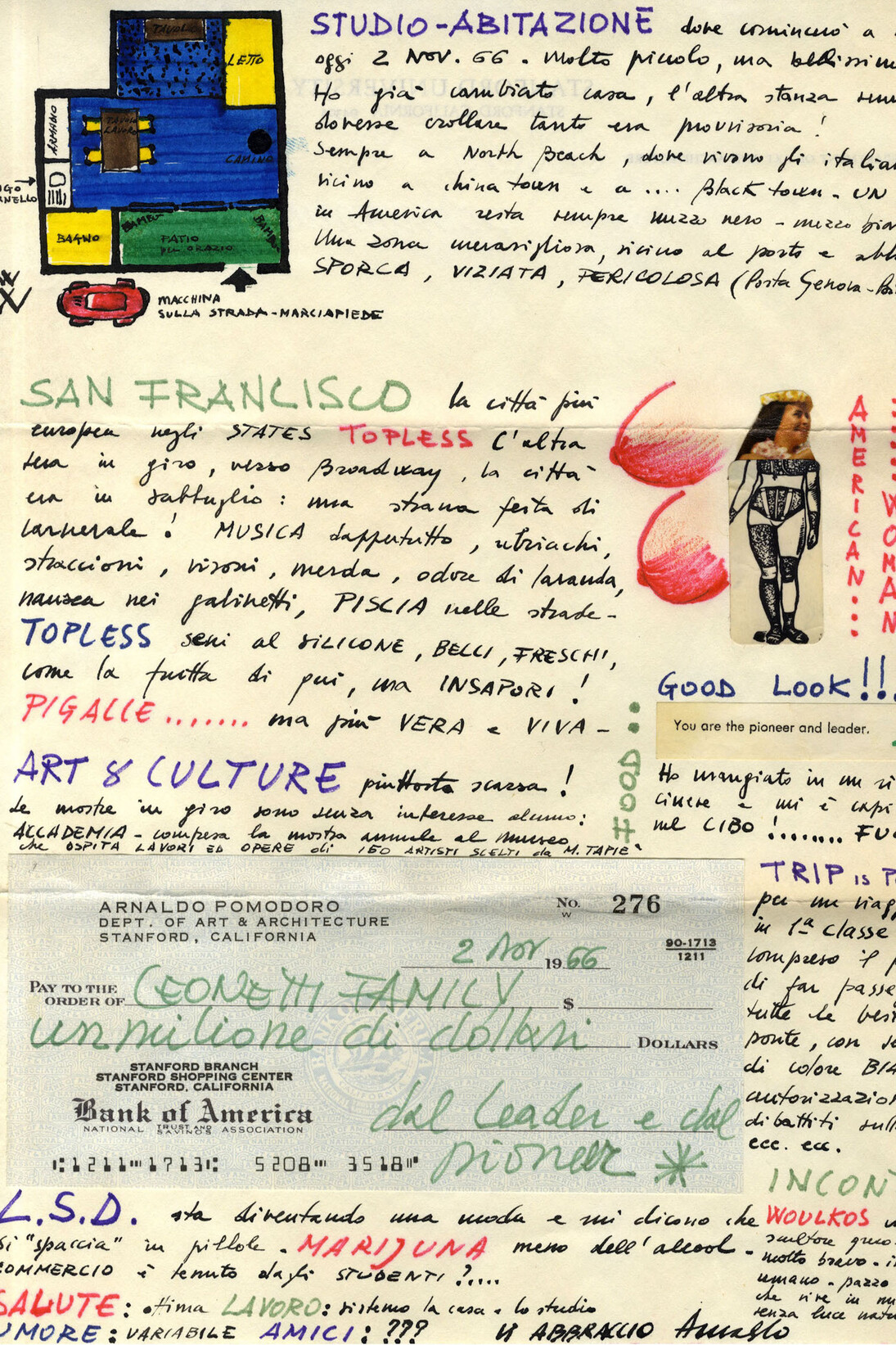 Lettera autografa scritta e disegnata a mano da Arnaldo Pomodoro, spedita alla famiglia Leonetti dalla Stanford University, 2 novembre 1966. Courtesy of MAC