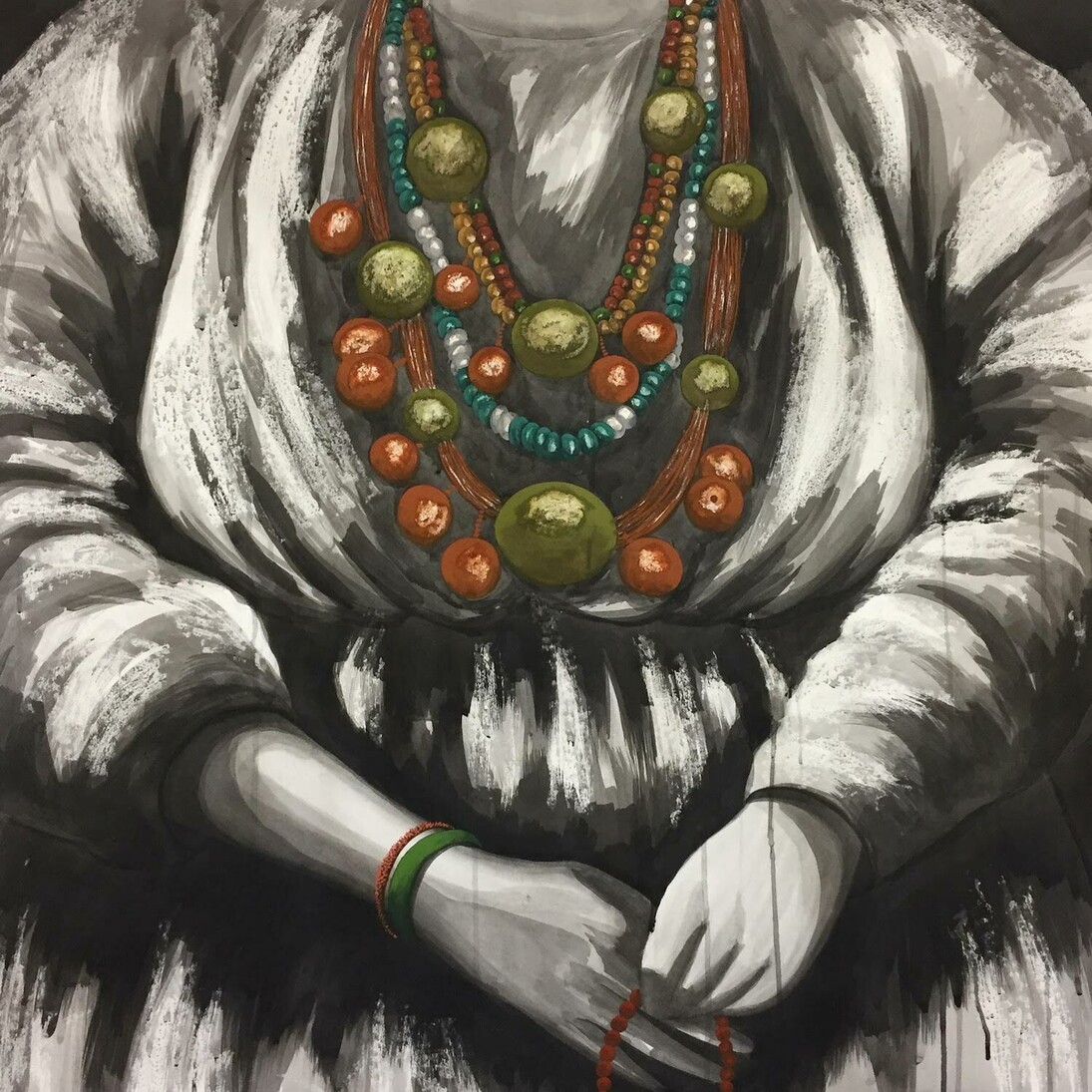Portrait at the necklace 2, Mixed media on paper, Courtesy Emilie Bazus et Laure Roynette Gallery