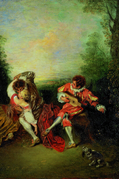 Jean-Antoine Watteau, La Surprise: A Couple Embracing While a Figure Dressed as mezzetin Tunes a Guitar, 1718-19, Oil on panel, 36.3 x 28.2 cm, Private Collection, Photo: Private Collection, Exhibition organised by the Royal Museum of Fine Arts, Antwerp, Royal Academy of Arts, London, and Centre for Fine Arts, Brussels