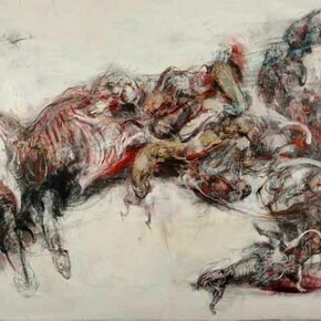 Lanfranco Quadrio, Agony of Actaeon - the pack 2013, Oil graphite pen pencil on canvas, 150 x 280cm