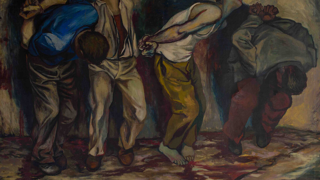 Renato Guttuso, Grecia 1952, 1952 (altri titoli con i quali il dipinto è noto: Fucilazione di patrioti (?); Fucilazione di Nicola Beloyannis). Olio su carta applicata su tela, 143 x 210 cm