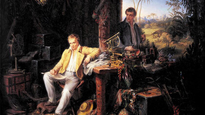 Humboldt y Bonpland en el Amazonas venezolano a las márgenes del río Casiquiare. (Alexander von Humboldt und Aimé Bonpland in der Urwaldhütte). Óleo de Eduard Ender (1822-1883), 1856, Berlin-Brandenburg Academy of Sciences and Humanities
