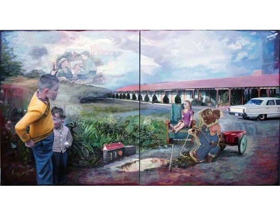 Frédéric Deprun, La maison au bord du lac, 2014, Oil on Canvas, 51" x 94"