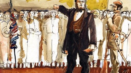 Juan Rafael Mora Porras, «Don Juanito», llamando al pueblo a las armas, contra William Walker. Dibujo: Carlos Aguilar Durán