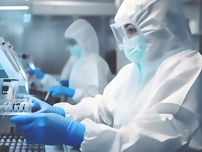 In the laboratory, a proficient woman is actively involved in the intricate process of vaccine development, highlighting her expertise and vital contribution to scientific advancement