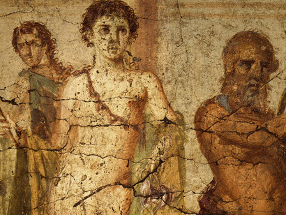 Hermafrodito entre una ménade y Sileno en un fresco romano hallado en la Casa del Centenario (Pompeya)