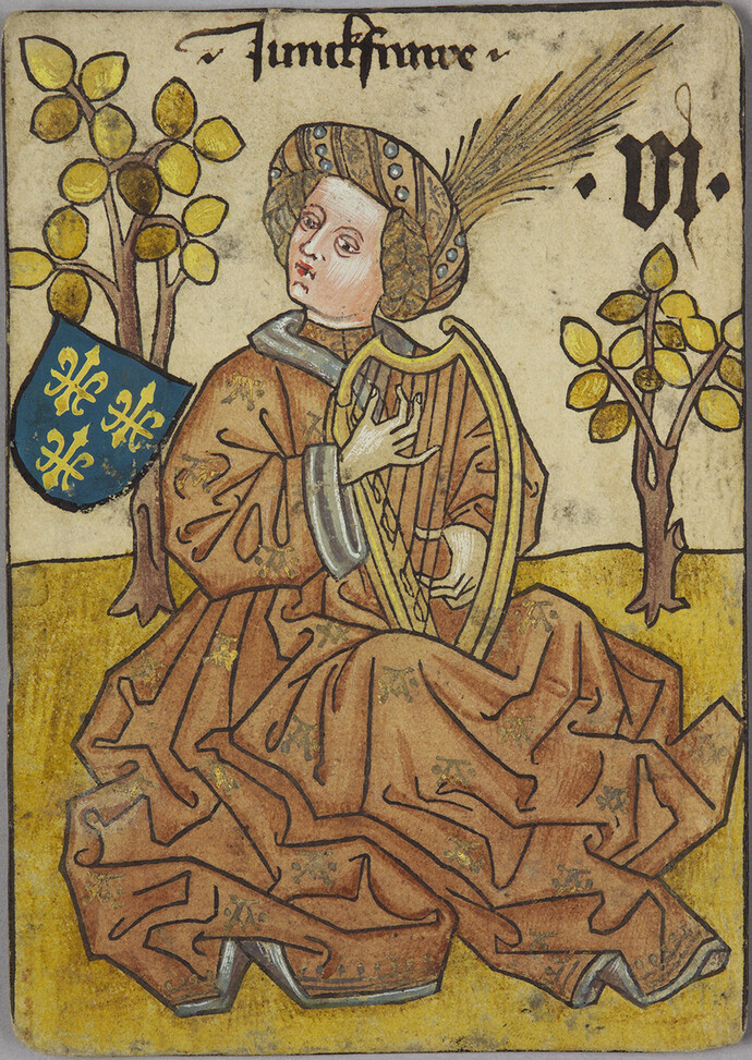 (Lady-in-Waiting) of France, from The Courtly Household Cards (Das
Hofämterspiel)
German, Upper Rhineland, ca. 1450
Woodcut on paper (pasteboard) with watercolor, opaque paint, pen and ink, and tooled
gold and silver
5 ½ × 3 15/16 in. (14 × 10 cm)
Kunsthistorisches Museum Wien, Kunstkammer (KK 5118)
Image: © Kunsthistorisches Museum, Vienna