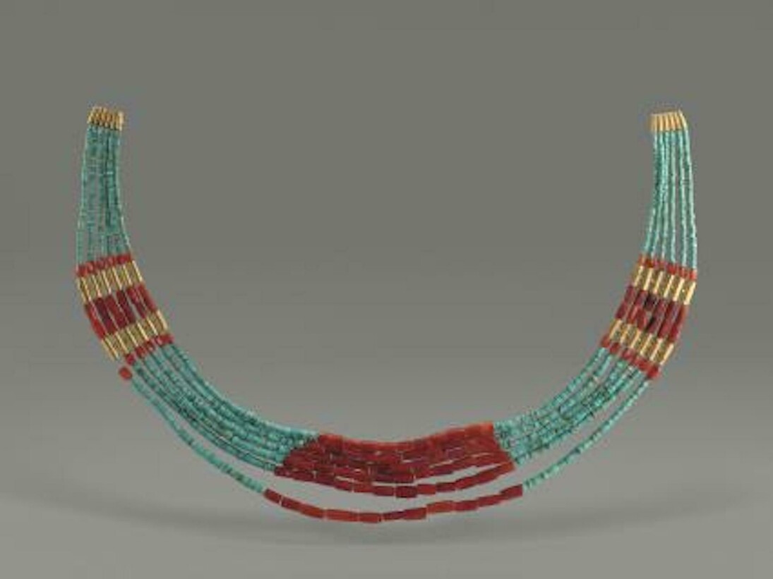 Head Ornament, Warring States period (475–221 B.C.). Gold, turquoise, and carnelian, Diam. ⅛–¼ in. (0.3–0.6 cm). Excavated in 2008–9, tomb no. 16, Majiayuan, Zhangjiachuan, Gansu Province. Photo: Courtesy Gansu Provincial Institute of Cultural Relics and Archaeology, Lanzhou