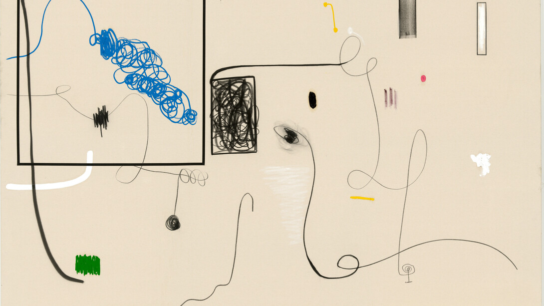 Christian Rosa, "Look into the Future", 2014, oil, charcoal, pencil, resin, tape and oil stick on canvas, 200 x 261 cm / 78 3/4 x 102 3/4 in, Courtesy Contemporary Fine Arts, Berlin, Photo: Jochen Littkemann