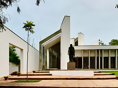 Architectural complex of Auroville with the statue of Sri Aurobindo, founder of the city, in the centre
