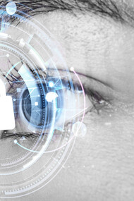 A woman's eye adorned with a smart contact lens featuring cutting-edge biometric security technology