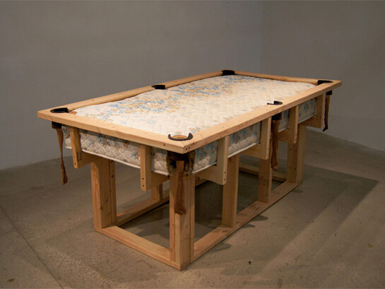 Anna Campbell, A Pocket, A Cue, A Shot, 2012, mattress, 2 x 4s, rubber, stockings, 4 x 4 x 7 ft