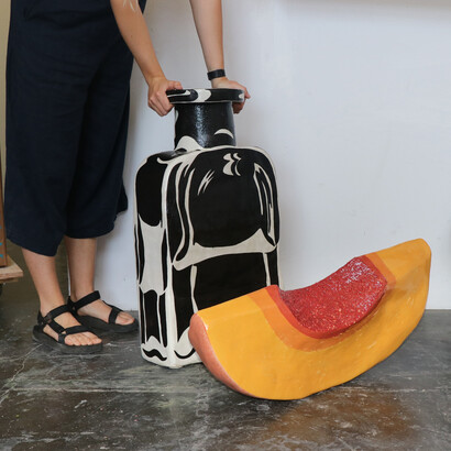 Annie Duncan with Ink Bottle, ceramic sculpture, 16x9x28 inches and Peach Wedge, ceramic sculpture, 28x9x28 inches. Courtesy of Johansson Projects