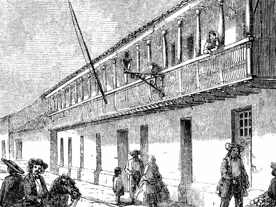 Casa de don Juanito Mora en 1858, en dibujo de Ramón Páez. Fuente: dominio público