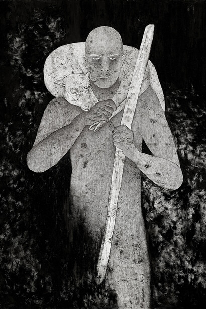 Abel (the good shepherd), 2019, Oil & Ink on Paper, 100x70 cm