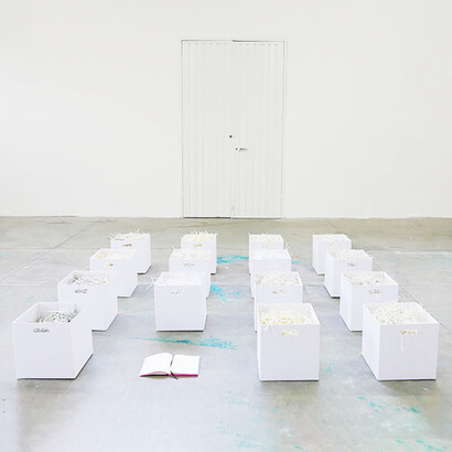 Alice Padovani, Reminescence bump, installazione, scatole con diari distrutti e un diario aperto, 250x250x33 cm, 2020
