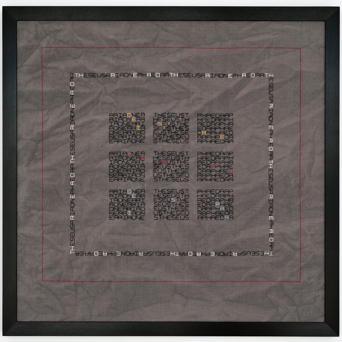 Elaine Reichek, Desire, Dread, Despair 2012. Hand embroidery on linen. 26 1/4 x 26 3/4 inches. Courtesy of the artist and Zach Feuer, New York and Shoshana Wayne Gallery, Santa Monica, CA.