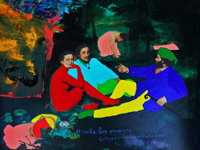Paolo Manazza, Et voilà les premiers citoyen-consommateurs, À gauche l'esprit renaissant, oil painting, pigments and lacquers on photo,  mixed technique on forex, 114,5x143,5 cm, 2023. Courtesy of the artist and ARP - Art Research Paris