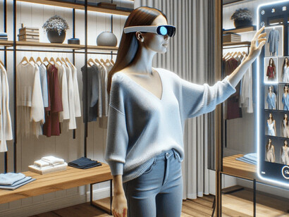 Fashion enthusiasts shopping with VR glasses for a futuristic experience