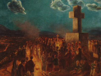 Procession to the Cross of the Martyrs, 1930. John Sloan (1871–1951). Gum arabic tempera underpaint; oil varnish glaze on panel, 24 × 32 inches (61 × 81.3 cm). Delaware Art Museum, Gift of the John Sloan Memorial Foundation, 1997. © Delaware Art Museum / Artists Rights Society (ARS), New York.