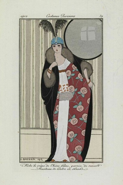 Robe de crêpe de Chine blanc garnie de renard, George Barbier, from Journal des Dames et des Modes, 1912, Paris, France © Trustees of the Chester Beatty Library